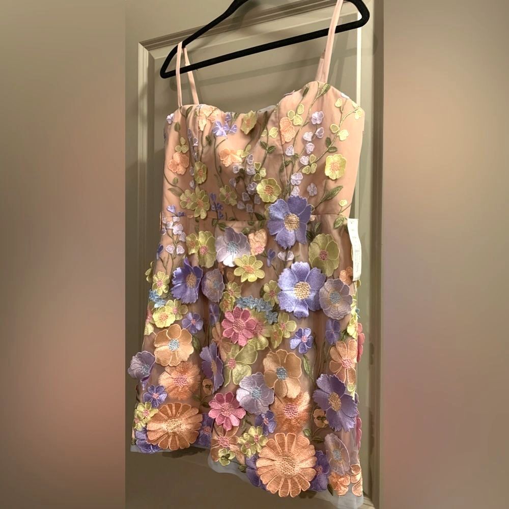Helsi Hilma 3D Floral Appliqué Mesh Mini Dress Pastel Pink Lavender Nude Large - Picture 5 of 15